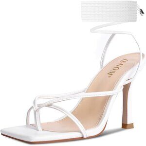 Women's White Lace Up Square Toe Open Thong Stylish Stiletto Comfort Heel Shoe